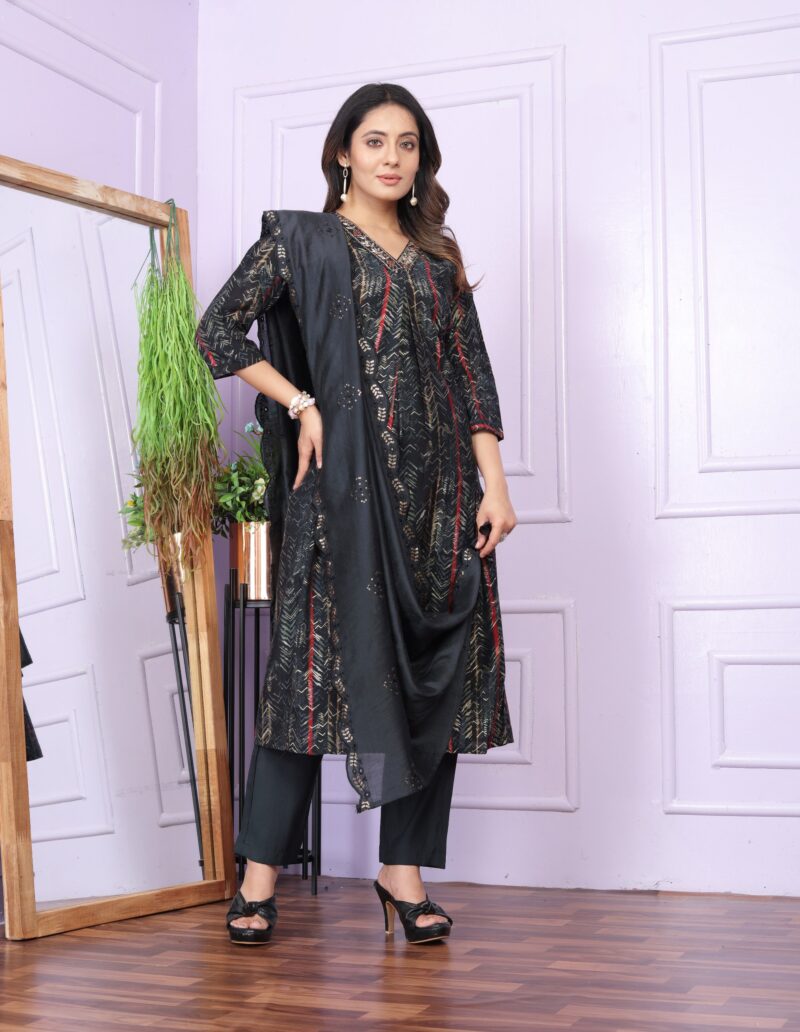 Black Modal Silk Kurti Set with Dupatta