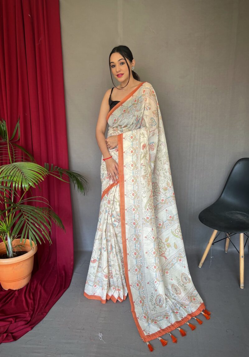 Banarasi Pure Malai Cotton With Katha Prints Saree
