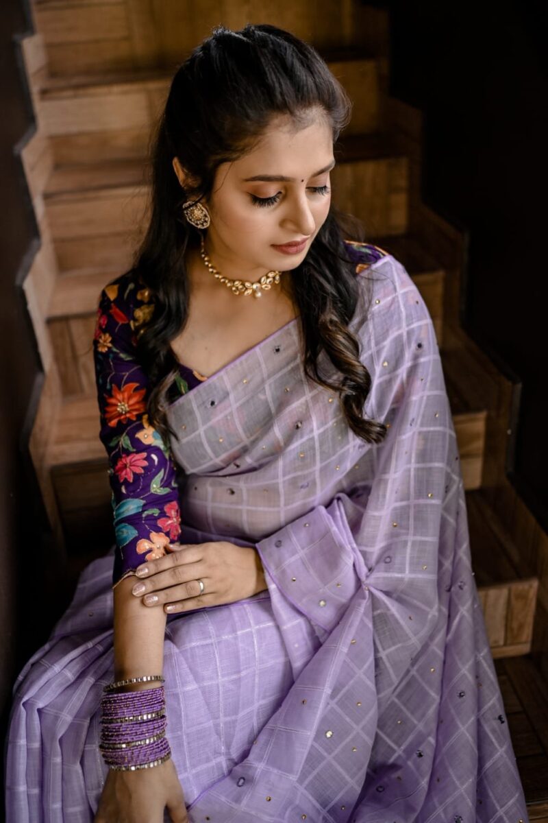 Lilac Linen velvet chex Saree