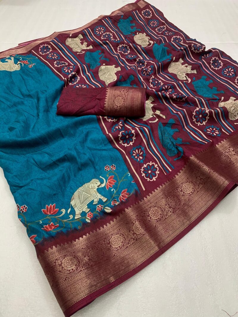 Soft Heavy Dolla Silk Fabric With Mill Print And Beautiful Jaquard Weaving Border And Contrast Printed Blouse