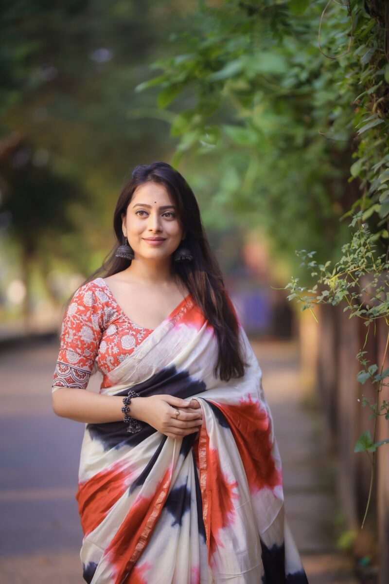 New Premium Cotton Color Block Saree With Ajrakh Blouse.