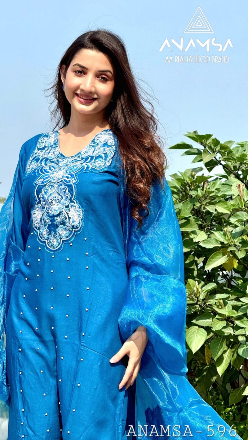 ANAMSA PURE RAYON COTTON HEAVY EMBROIDERED BEAUTIFUL DESIGN READYMADE PARTY WEAR SUIT