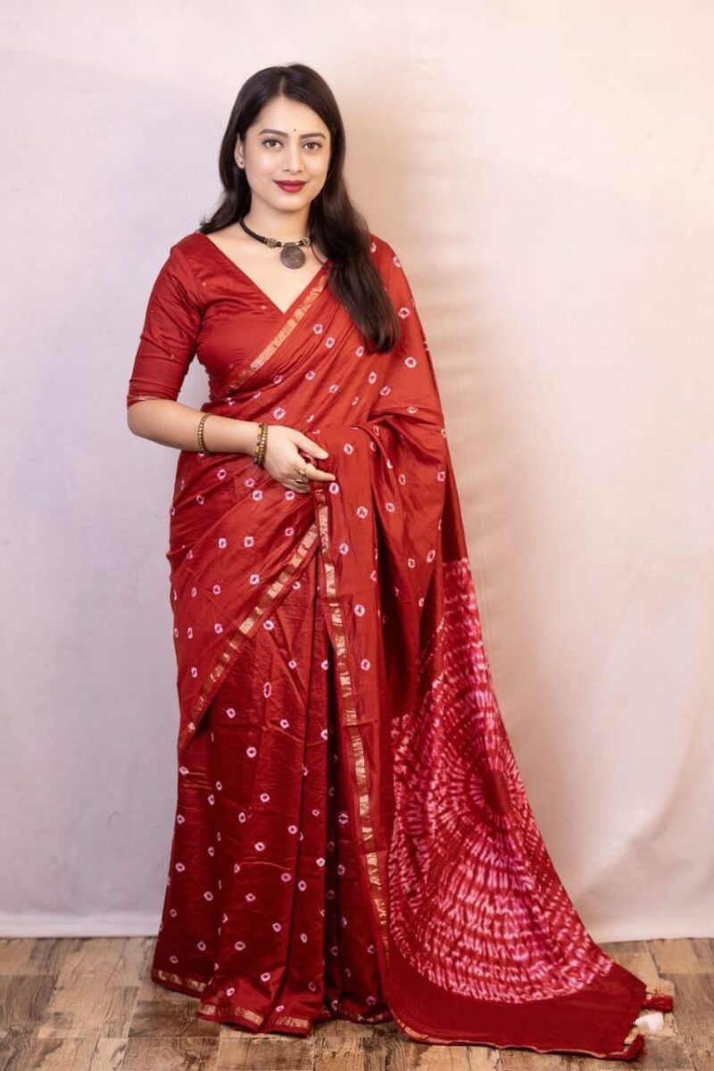 Pure Chanderi Hand Type Bandhani Saree.