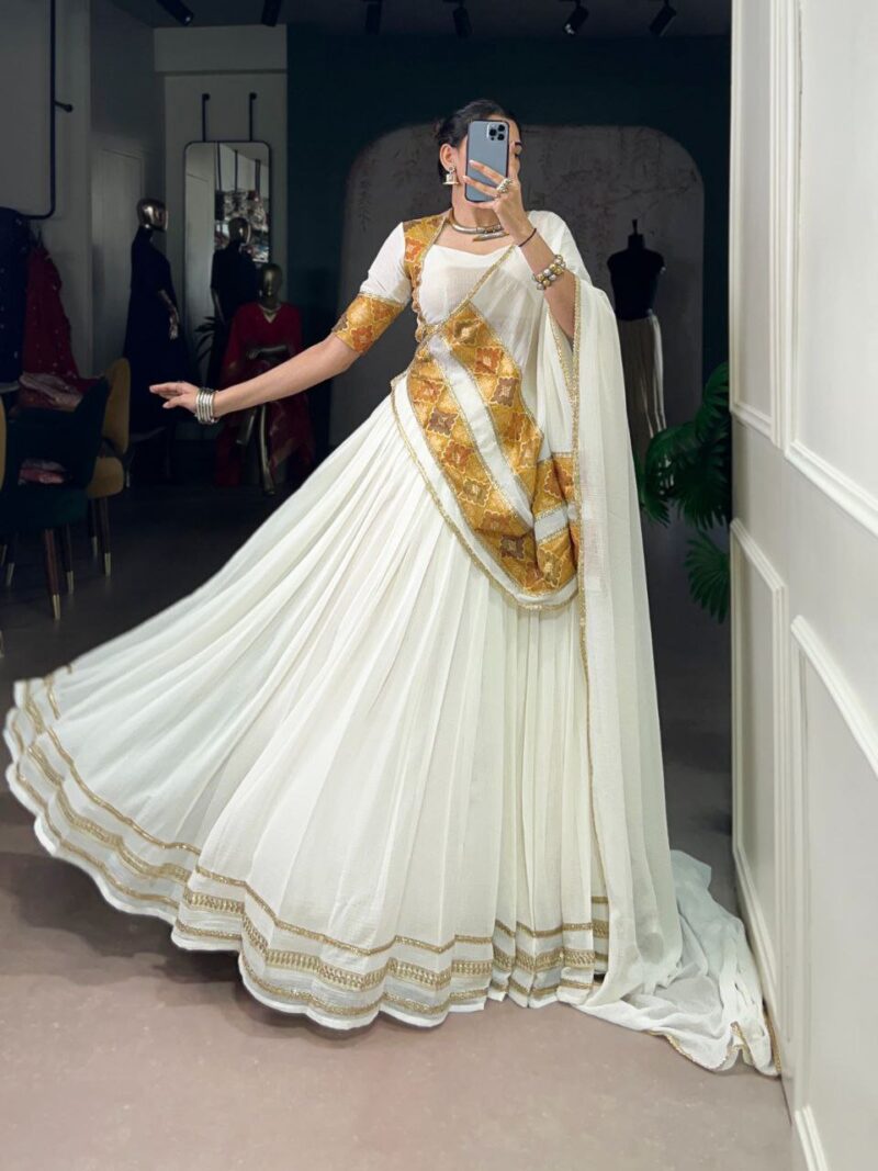 Navratri Lahenga with the Pure charm of marble fabric white.