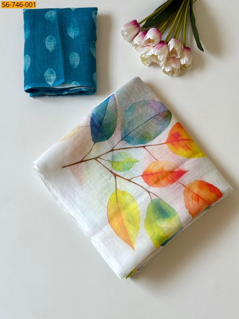 White Soft Printed Linen Saree