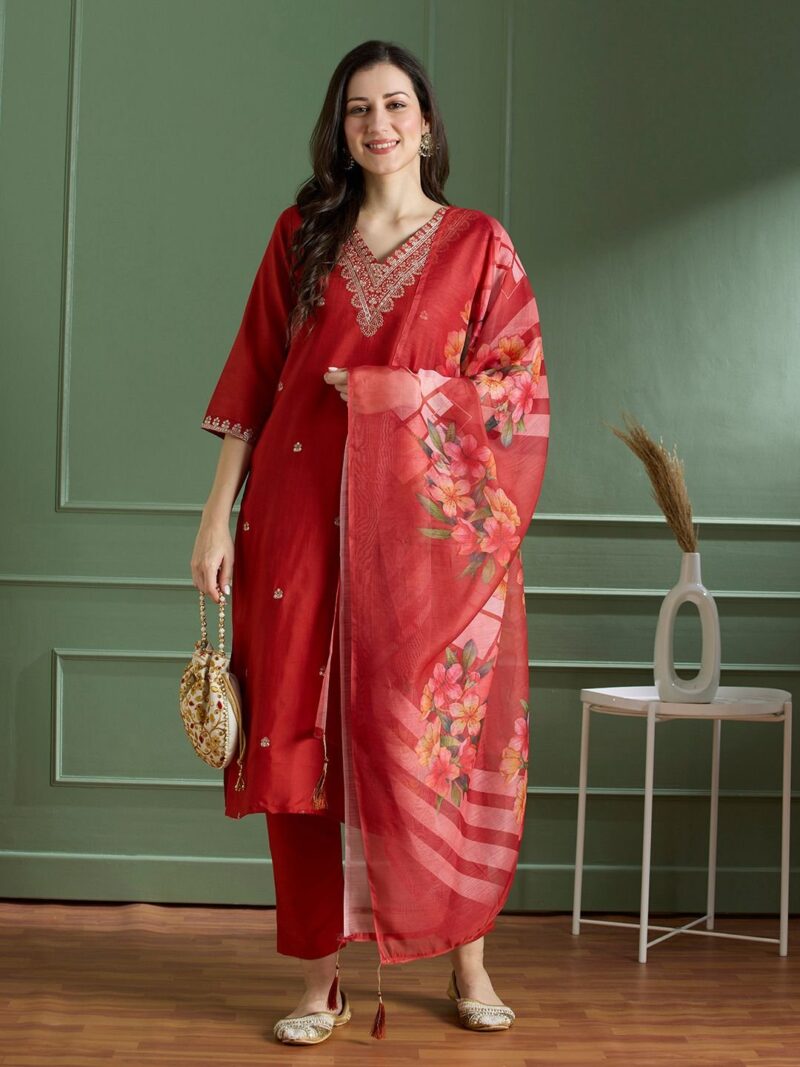 Red embroidered Kurta with Trousers with Dupatta